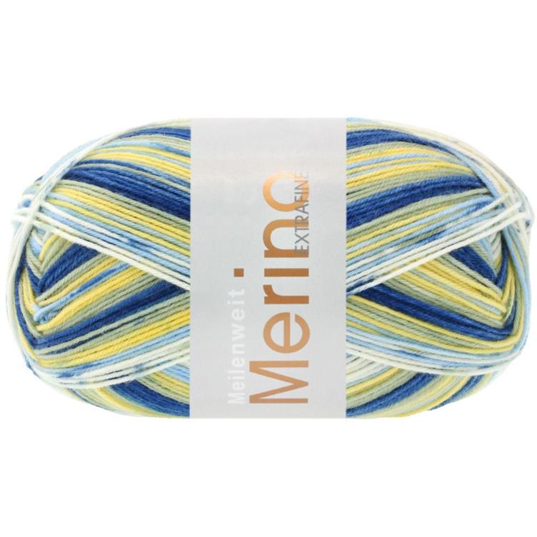 Meilenweit Merino extrafine Laura 100g 4553 gelb, heugrün, dunkel-, himmelblau, rohweiss