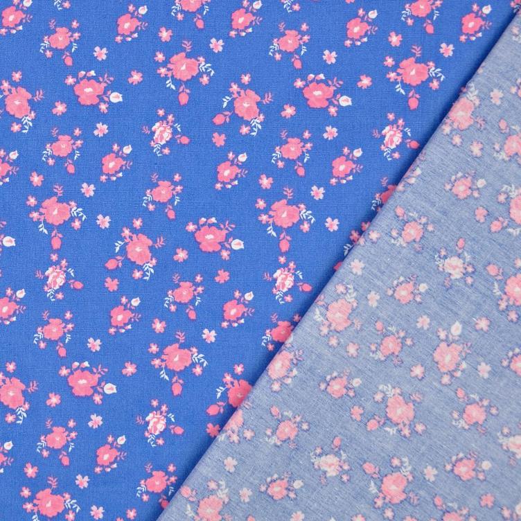 Popeline Blümchen rosa blau - 1